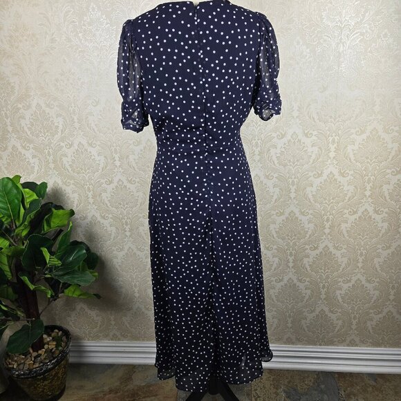 DKNY Size 4 Navy Blue Midi Dress White Polka Dots Vneck Sheer Ruched Sleeves - Picture 9 of 15